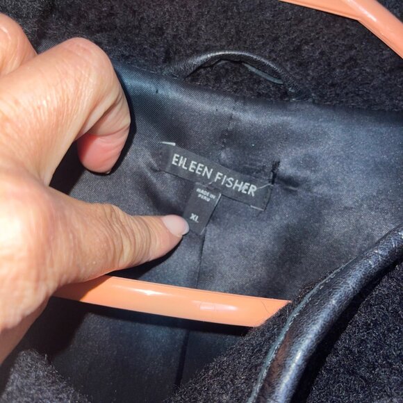 Eileen Fisher Womens Size XL Black Suri Alpaca Coat With Leather Trim Classic - Picture 4 of 14